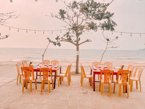 a table with chairs and a tree on the beach at Thien Nhan Hotel in Cửa Lò