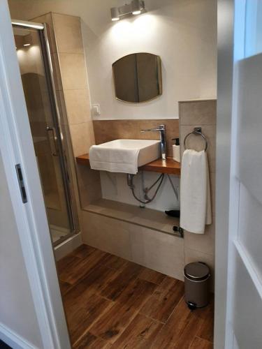 łazienka z umywalką i lustrem w obiekcie Drzewna Apartamenty - Kupiecka 5 w Zielonej Górze