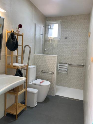 a bathroom with a toilet and a shower and a sink at Casa Cueva El Caidero in Artenara