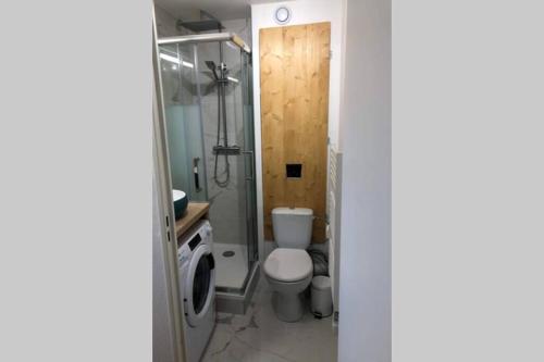 a bathroom with a toilet and a shower at Appartement en bord de Mer in Sète