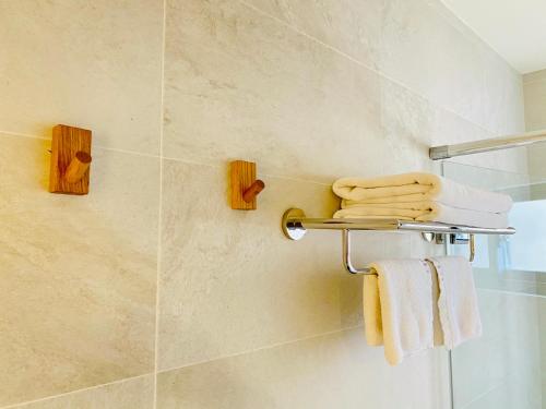 a bathroom with a towel rack and towels at Literature River Bank 文學河岸 禁菸小包棟民宿 in Hualien City