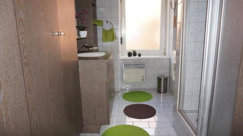 Baño pequeño con lavabo y alfombra verde en Haus Piber, en Villach