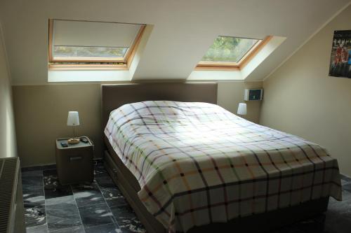 1 dormitorio con 1 cama y 2 tragaluces en B&B Don Genaro, en Dilsen-Stokkem