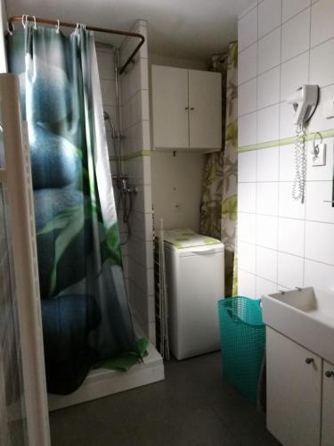La salle de bains est pourvue d'un rideau de douche et d'un réfrigérateur. dans l'établissement Dans mon jardin, à Merville