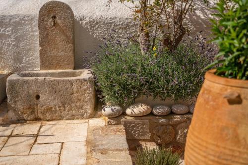 a garden with plants and a planter next to a wall at The 1813 Painter's Villa by Neuvel in Galaxidhion