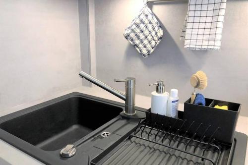 a kitchen sink with a dish rack next to it at Stadtpark-Domizil - 70 qm, zentral & ruhig in Hamburg