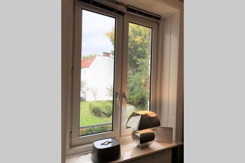 a window with a lamp on a table next to it at Stadtpark-Domizil - 70 qm, zentral & ruhig in Hamburg