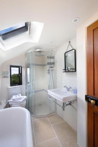 a bathroom with a shower and a sink and a toilet at Niver Dew Holiday Cottage in Lower Boscaswell