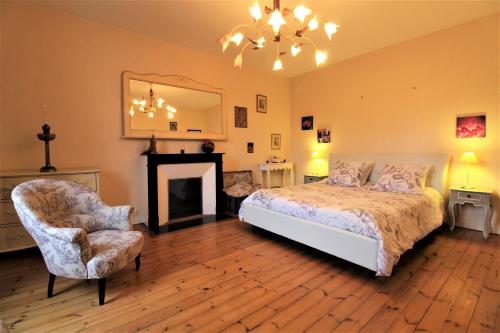 a bedroom with a bed and a chair and a mirror at Logis De La Motte in Artannes-sur-Thouet