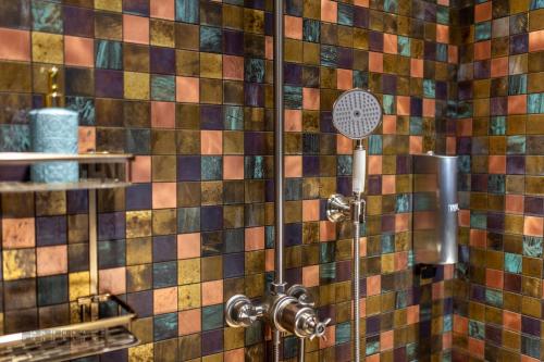 a bathroom with a shower with colorful tiles at Vinica Castle Boutique & Spa Hotel in Vinica