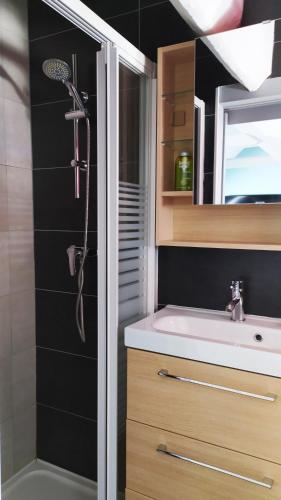 une salle de bain avec un lavabo et une douche dans l'établissement La Nacelle, classée 3 étoiles, vue dégagée port et mer, au Tréport