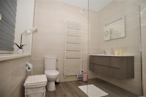 une salle de bain avec toilettes et lavabo dans l'établissement L'Anvers vue port de plaisance 2 à 3 pers, à Dieppe