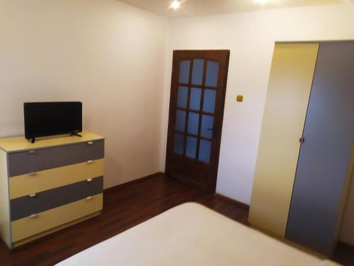 a bedroom with a dresser and a tv and a door at Complex Adela Transfăgărășan in Cîrţişoara