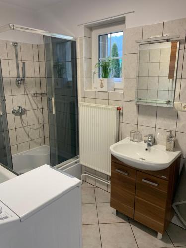a bathroom with a sink and a shower at Apartament PREMIUM Karpacz in Miłków