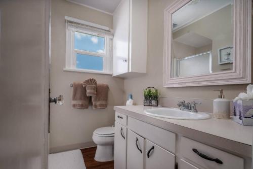 une salle de bain avec un lavabo, des toilettes et un miroir dans l'établissement Gaibler Country Cottage, à Newberg