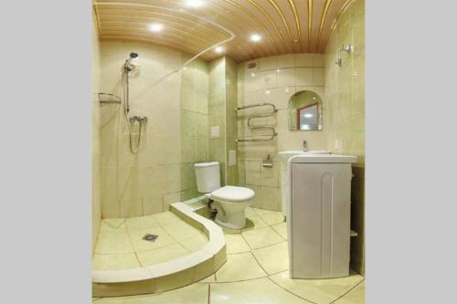 a bathroom with a toilet and a shower and a sink at Двухкомнатная посуточно на проспекте К-Маркса, 30 in Omsk
