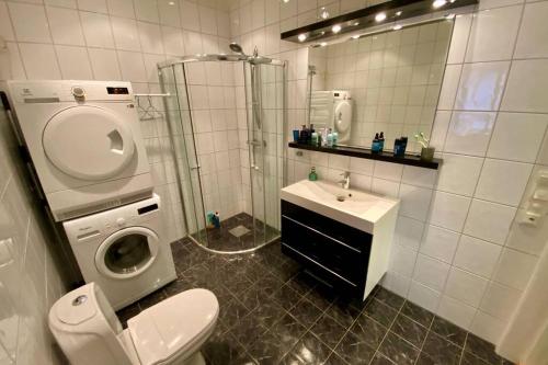 a bathroom with a toilet a sink and a washing machine at Nice and central apartment in quiet area in Ålesund