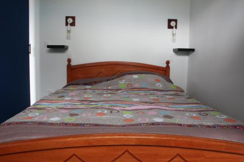 ein Bett mit einer Decke in einem Schlafzimmer in der Unterkunft l'an dormi vacances in La Plaine des Cafres