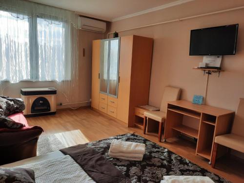 a room with a bed and a desk and a television at Sétány apartman in Mórahalom
