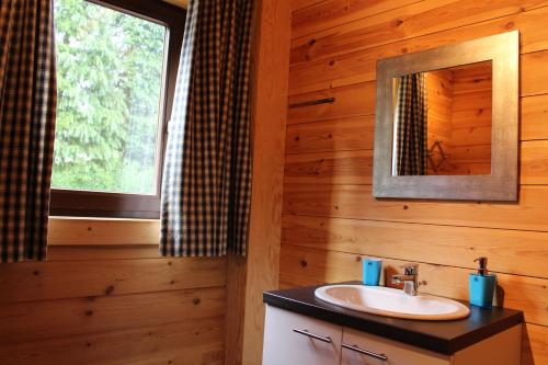 ein Badezimmer mit Waschbecken, Spiegel und Fenster in der Unterkunft Bouleau in Vresse-sur-Semois