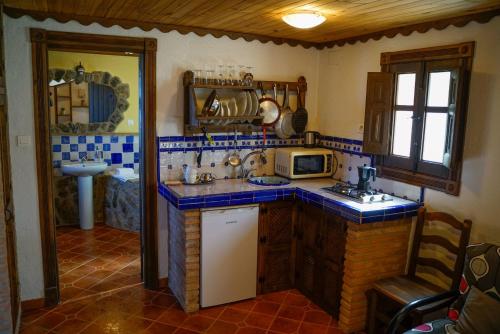 a kitchen with a sink and a microwave at Hotel Rural Fuente La Teja in Güéjar-Sierra