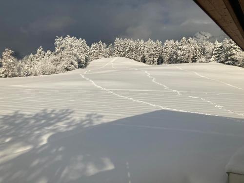 a snow covered field with trees in the background at Apartments Karlhof in Innsbruck