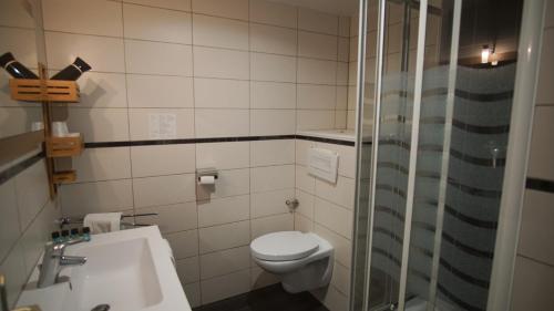 a bathroom with a toilet and a sink and a shower at Hôtel Le Bellevue in Tarascon-sur-Ariège