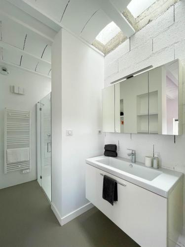 une salle de bain blanche avec un lavabo et une douche dans l'établissement Villa des Cathares, à Carcassonne