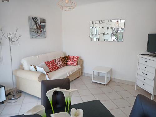 T2 Terrasse vue mer في سي-فور-لي-بلاج: غرفة معيشة مع أريكة وتلفزيون