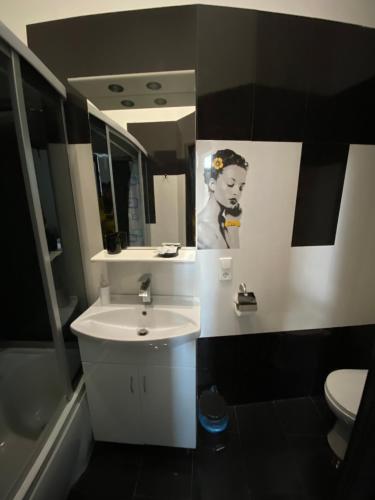 a bathroom with a sink and a picture of a woman at Opera Apart Hotel in Kyiv