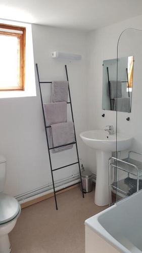 une salle de bain blanche avec des toilettes et un lavabo dans l'établissement Appartement Dunkerque Centre 4 personnes - Parking gratuit-, à Dunkerque