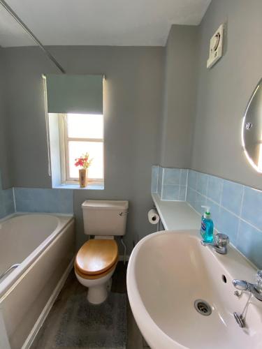 a bathroom with a sink and a toilet and a tub at Kettering Leisure Holiday Home in Kettering