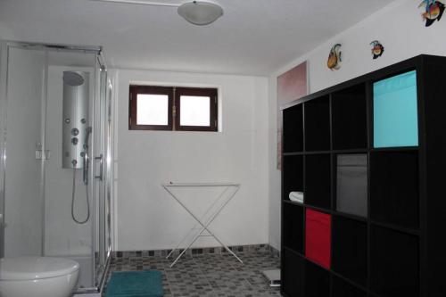 La salle de bains est pourvue d'une douche, de toilettes et d'un lavabo. dans l'établissement House with pool and garden in Esmoriz near Porto, à Esmoriz