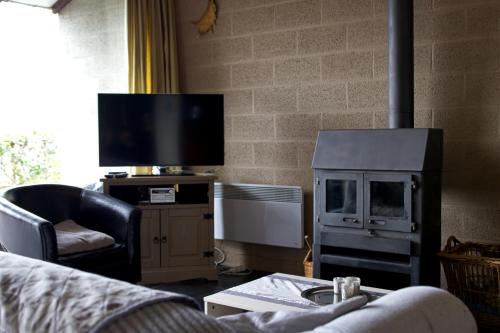 ein Wohnzimmer mit Kamin und Fernseher in der Unterkunft Le Vieux Sart 32 Coo in Stavelot