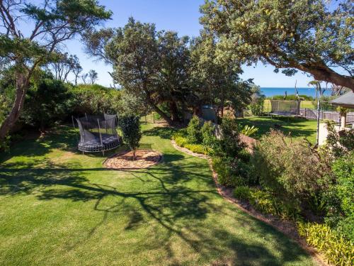 a yard with two lawn chairs and trees at Surfspray I Pet Friendly I Absolute Beachfront in Culburra Beach