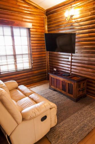a living room with a couch and a flat screen tv at Amafu Forest Lodge in Hoedspruit