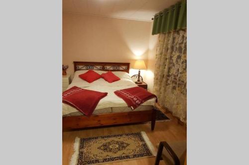 um quarto com uma cama com almofadas vermelhas em Hus Turistgatan 45 Älvsbyn em Älvsbyn