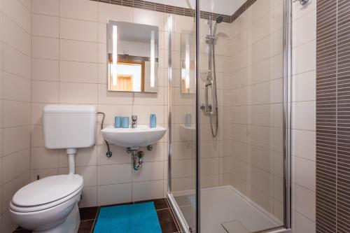 łazienka z toaletą, umywalką i prysznicem w obiekcie Apartment Magic Garden w Bašce