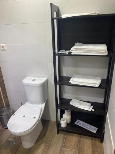 a bathroom with a toilet and a shelf with towels at Alojamento das Caldas in Caldas de Aregos