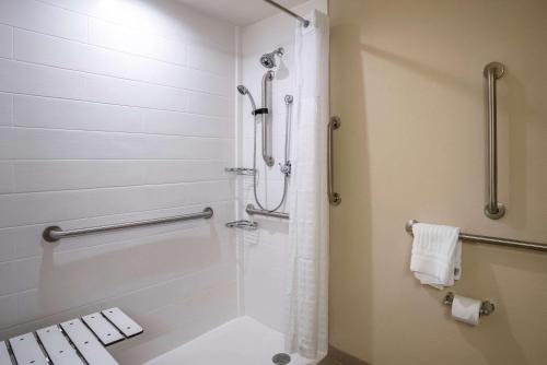 a bathroom with a shower with a glass door at Comfort Inn & Suites in Harrisonburg