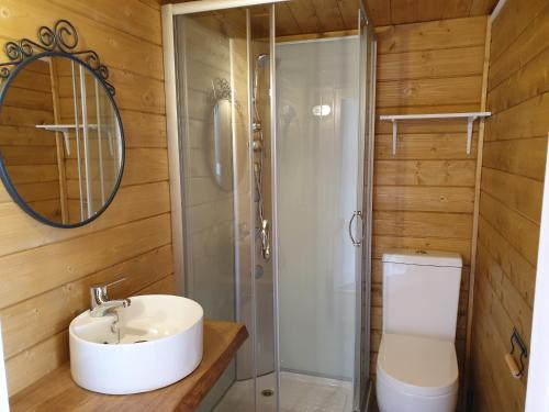 W łazience znajduje się umywalka, toaleta i lustro. w obiekcie RinloCosta Camping w mieście Rinlo