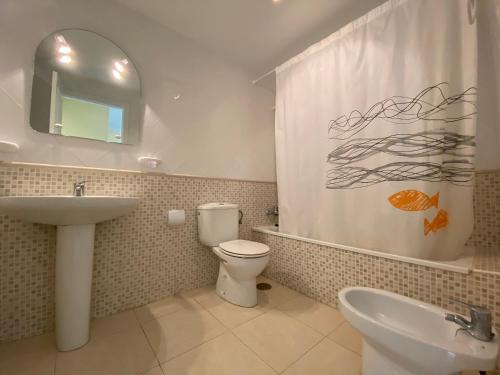 La salle de bains est pourvue d'un lavabo, de toilettes et d'un rideau de douche. dans l'établissement Apartamentos Jardines del Puerto Altamar, à Alcossebre