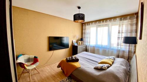 a bedroom with a bed and a chair and a television at Cozy one bedroom apartment in the city center in Mažeikiai