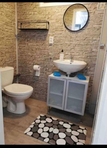 a bathroom with a sink and a toilet and a mirror at Cozy chalet in Opmeer near Amsterdam and Beach in Opmeer