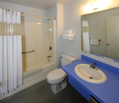 a bathroom with a sink and a toilet and a shower at Aurora Borealis in Saint Ignace