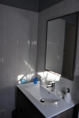 une salle de bain avec un lavabo blanc et un miroir dans l'établissement Vergers de la Bouligaire, à Mirmande