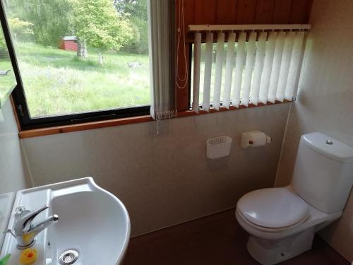 a bathroom with a toilet and a sink and a window at Highland Lodge in Kilmorack