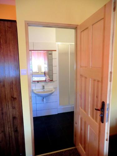 a bathroom with a sink and a mirror at Iskra in Augustów