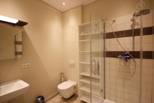 a bathroom with a shower and a toilet and a sink at Villa Seeluft - by Rujana in Ostseebad Sellin
