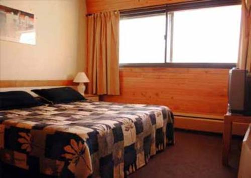 a bedroom with a bed and a window and a television at Departamentos Las Leñas in Las Lenas